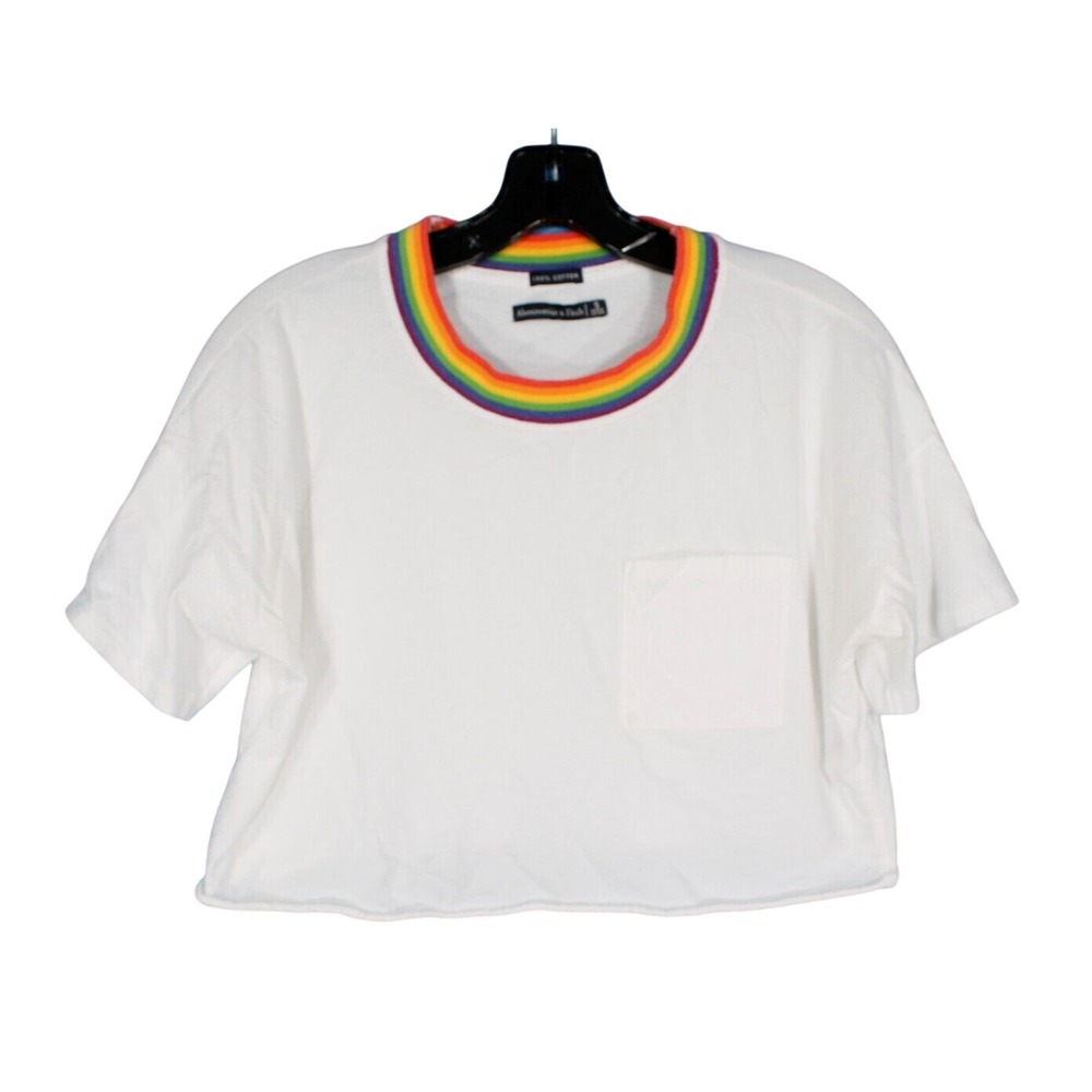ABERCROMBIE & FITCH Oversized CROPPED 1-Pocket RAINBOW NECKLINE T-Shirt/Tee Sz S